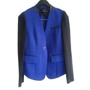 Cut25 By Yigal  Blazer Women's  4 Navy  Black Leather Trim  Knit Sleeves